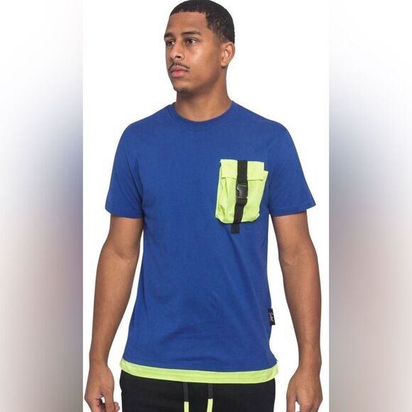 NWT Switch Men’s Blue Short Sleeve Utility Tee Shirt 3D Yellow Buckle Pocket 2XL - Picture 1 of 7